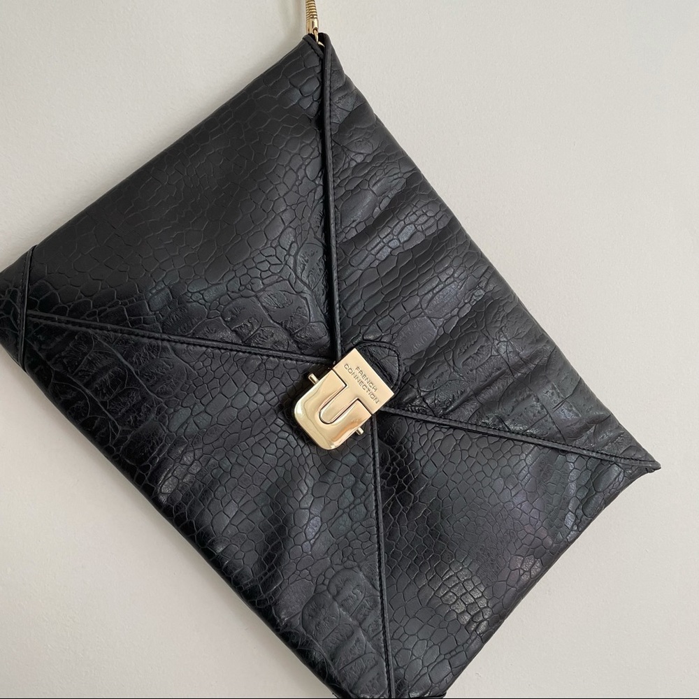 French Connection Crocodile Print Clutch Chain Wristlet Black with Gold Hardware - Picture 2 of 9